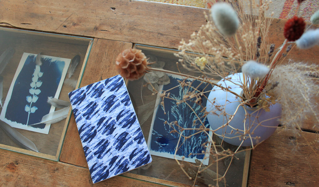 Un carnet bleu déposé sur un table basse, à côté de deux cyanotypes et d'un vase contenant des herbes sèches.
