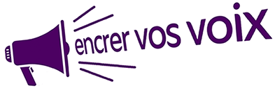 Le logo d'Encrer vos voix : un porte-voix d'où sortent les mots Encrer vos voix.