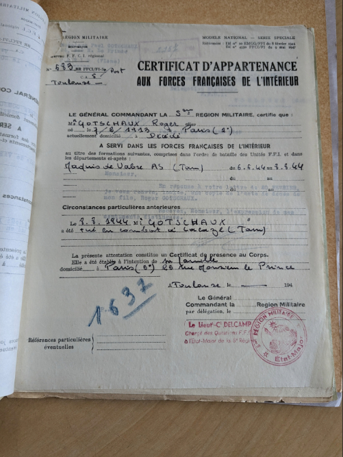 Une page du certificat d'appartenance aux Forces Françaises de l'Intérieur, du dossier d'homologation FFI de Roger Gotschaux.